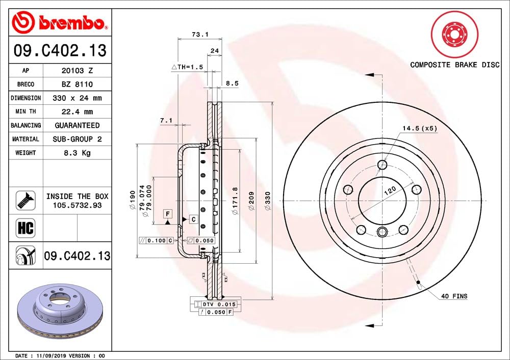 BREMBO 09C40213C02 Brembo 09.C402.13 Composite two piece UV Coated vented Front Brake Rotor BMW OE# 34116782601