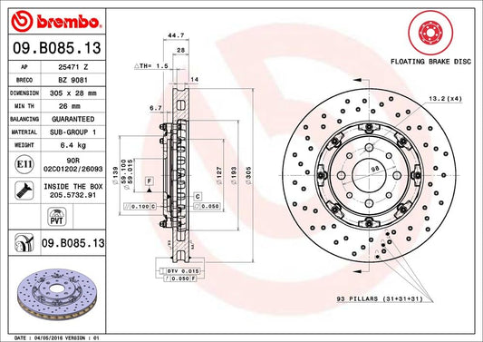 BREMBO 09B08513C02 Brembo 09.B085.13 Floating two piece UV Coated Pillar Vented drilled Brake Rotor ABARTH OE# 51885455