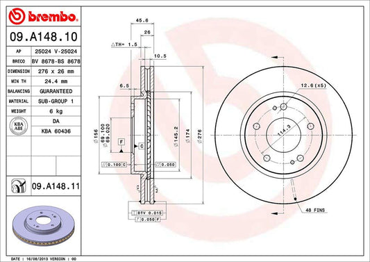 BREMBO 09A14811C02 Brembo 09.A148.11 UV Coated vented Front Brake Rotor MITSUBISHI/MITSUBISHI (SOUEAST) OE# MR510966