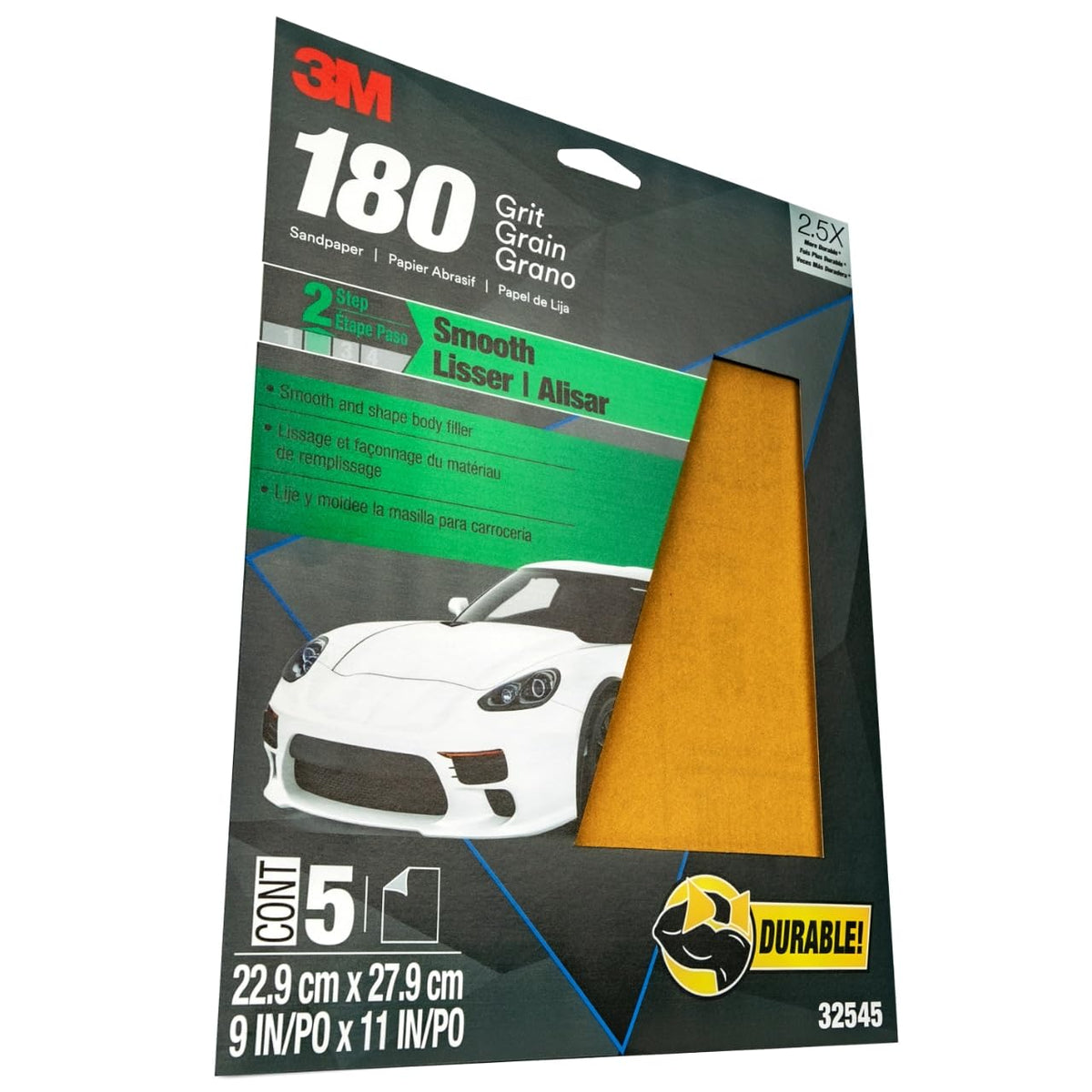 3M 32545 3M Sandpaper, 180 Grit, 5 Sheets, 9 in x 11 in, Longer Lasting Super Strong Abrasive, Great For Smoothing Body Filler, Shaping Glaze & Spot Putty, For Hand Or Machine Sanding (32545)