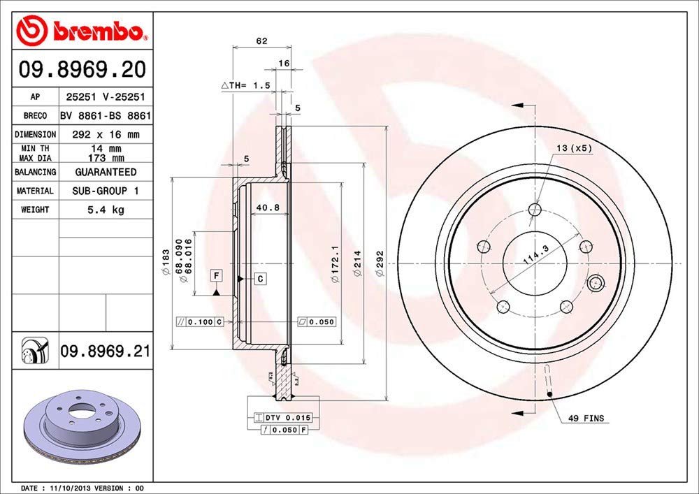 BREMBO 09896921C02 Brembo 09.8969.21 UV Coated vented Rear Brake Rotor DONGFENG FENGDU/INFINITI/NISSAN/NISSAN (DFAC)/RENAULT/RENAULT (DFAC)/VENUCIA OE# 432068H305