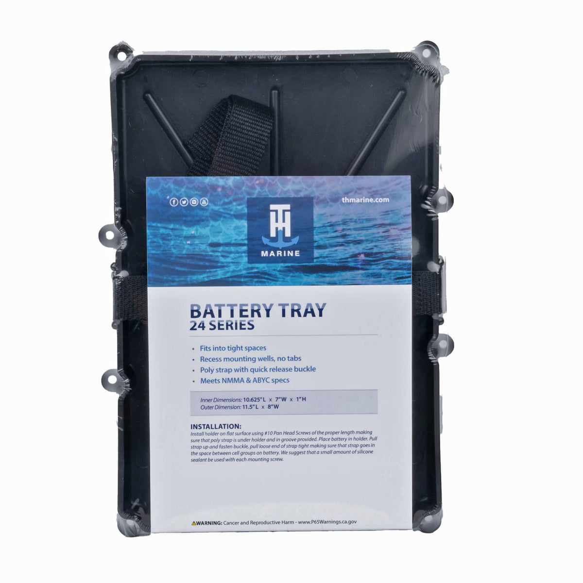 T-H MARINE NBH-24P-DP T-H Marine Narrow Battery Tray Holder with Poly Strap – Space Saving NMMA Certified Battery Tray with Recessed Mounting Wells for Marine, RV, and Trolling Motor Installations – Group 24, 10-5/8" x 7"