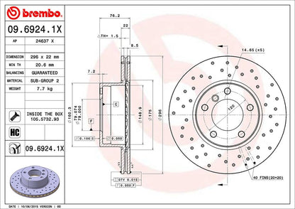 BREMBO 0969241XC02 Brembo 09.6924.1X Xtra UV Coated vented drilled Front Brake Rotor BMW OE# 34116767061