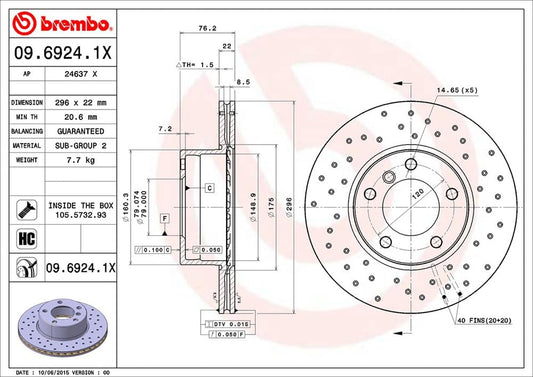 BREMBO 0969241XC02 Brembo 09.6924.1X Xtra UV Coated vented drilled Front Brake Rotor BMW OE# 34116767061