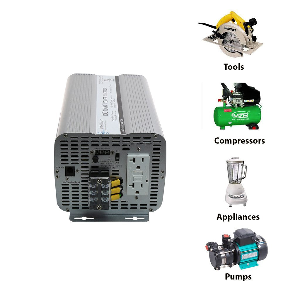 AIMS POWER PWRINV300012120W AIMS 3000W 12V Modified Sine Inverter 120V GFCI Terminal Block ETL