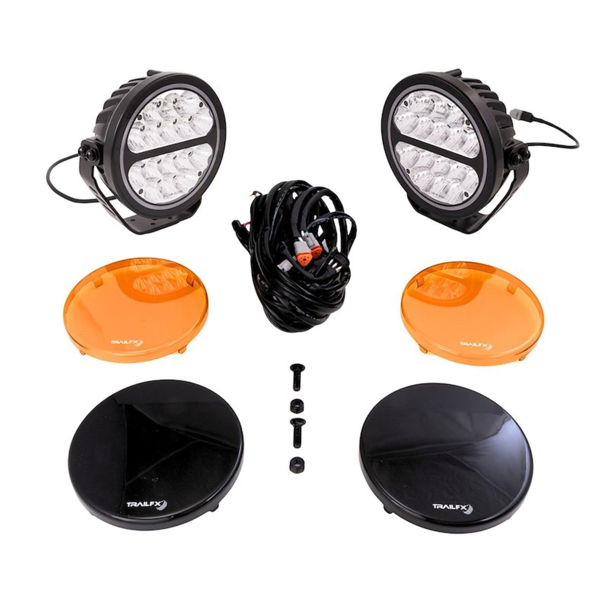 TRAILFX 7RNDF2 Trailfx 7RNDF2 Fog Lights Set of 2 Round 7 Inch Round LEDs 80W Flood Beam 6720 Raw Lumens Black Aluminum IP68 and IP69K With Harness Switch Brackets Amber Lens
