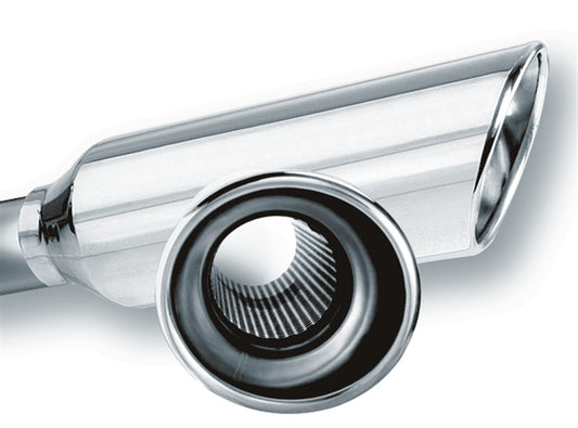 BORLA 20248 BORLA 20248 Universal Performance Exhaust Tip 2.25" Single Inlet / 4" Round Angle-Cut Single Outlet 12" Long Resonated Lined Polished T-304 Stainless Steel Weld On Design