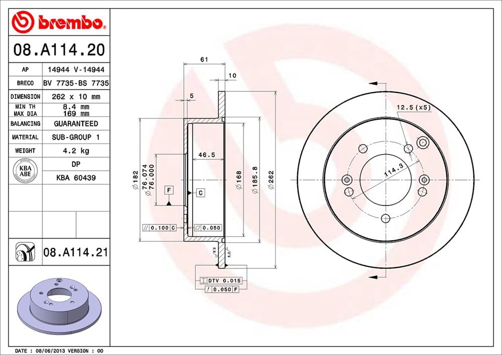 BREMBO 08A11421C02 Brembo 08.A114.21 UV Coated solid Rear Brake Rotor HYUNDAI/HYUNDAI (BEIJING)/KIA/KIA (DYK) OE# 5841139600