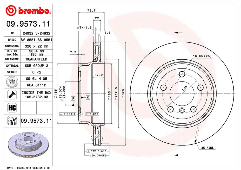 BREMBO 09957311C02 Brembo 09.9573.11 UV Coated vented Rear Brake Rotor BMW OE# 34213332217
