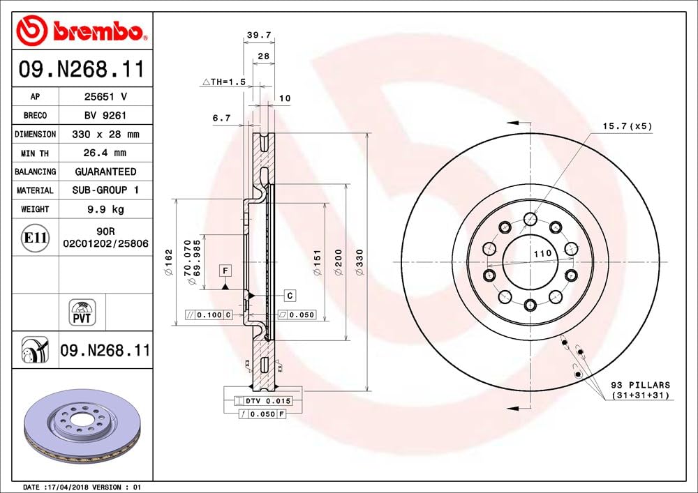 BREMBO 09N26811C02 Brembo 09.N268.11 UV Coated Pillar Vented Brake Rotor CHRYSLER/JEEP/JEEP (GAC FCA) OE# 4779884AA