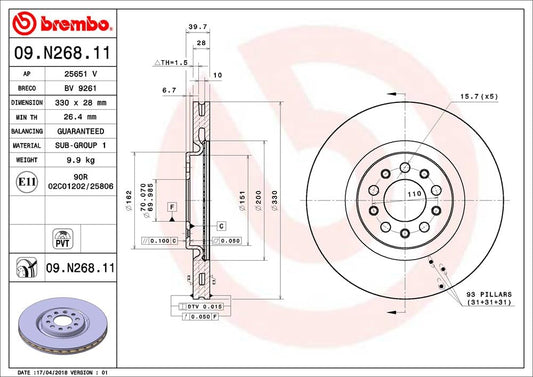 BREMBO 09N26811C02 Brembo 09.N268.11 UV Coated Pillar Vented Brake Rotor CHRYSLER/JEEP/JEEP (GAC FCA) OE# 4779884AA