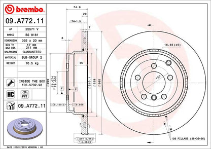 BREMBO 09A77211C02 Brembo 09.A772.11 UV Coated Pillar Vented Rear Brake Rotor LAND ROVER OE# LR011891