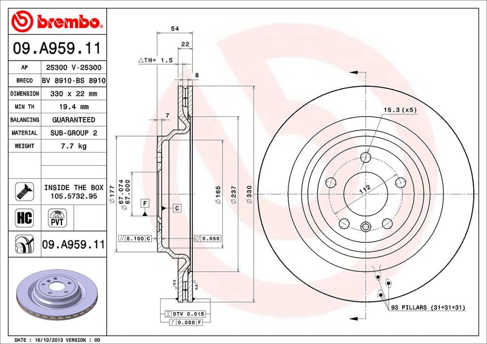 BREMBO 09A95911C02 Brembo 09.A959.11 UV Coated Pillar Vented Rear Brake Rotor BRABUS/MERCEDES-BENZ OE# A1664230112