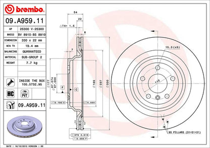 BREMBO 09A95911C02 Brembo 09.A959.11 UV Coated Pillar Vented Rear Brake Rotor BRABUS/MERCEDES-BENZ OE# A1664230112