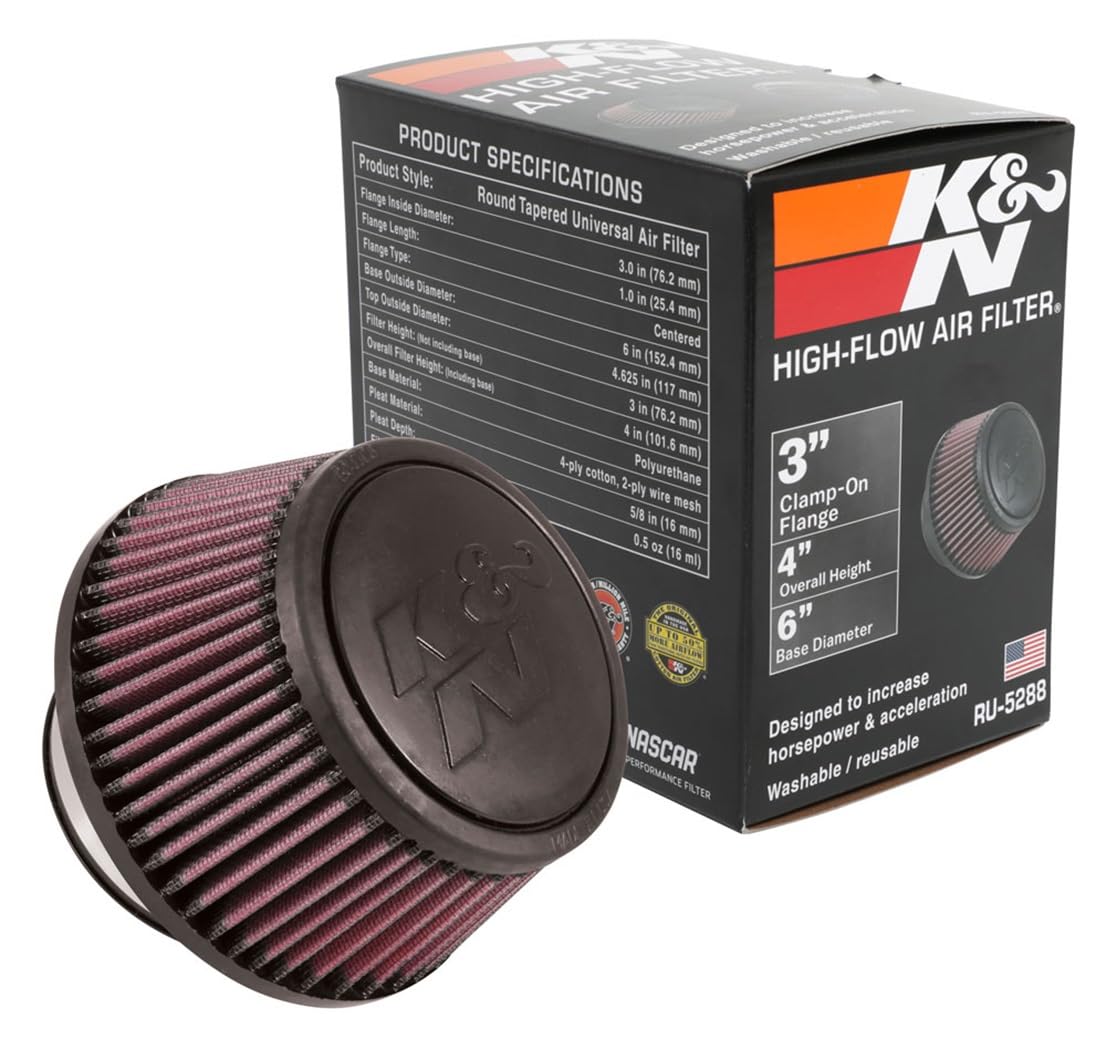 K&N FILTER RU-5288 K&N High-Flow Original Lifetime Universal Clamp-On Air Filter: High Performance, Premium, Washable,: Flange Diameter: 3 In, Filter Height: 3 In, Flange Length: 1 In, Shape: Round Tapered, RU-5288