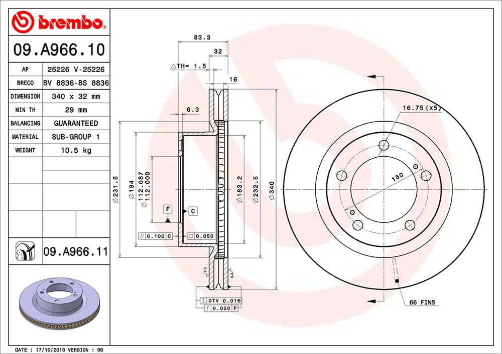 BREMBO 09.A966.11 Brembo 09.A966.11 UV Coated vented Front Brake Rotor LEXUS/TOYOTA/TOYOTA (FAW) OE# 4351260180
