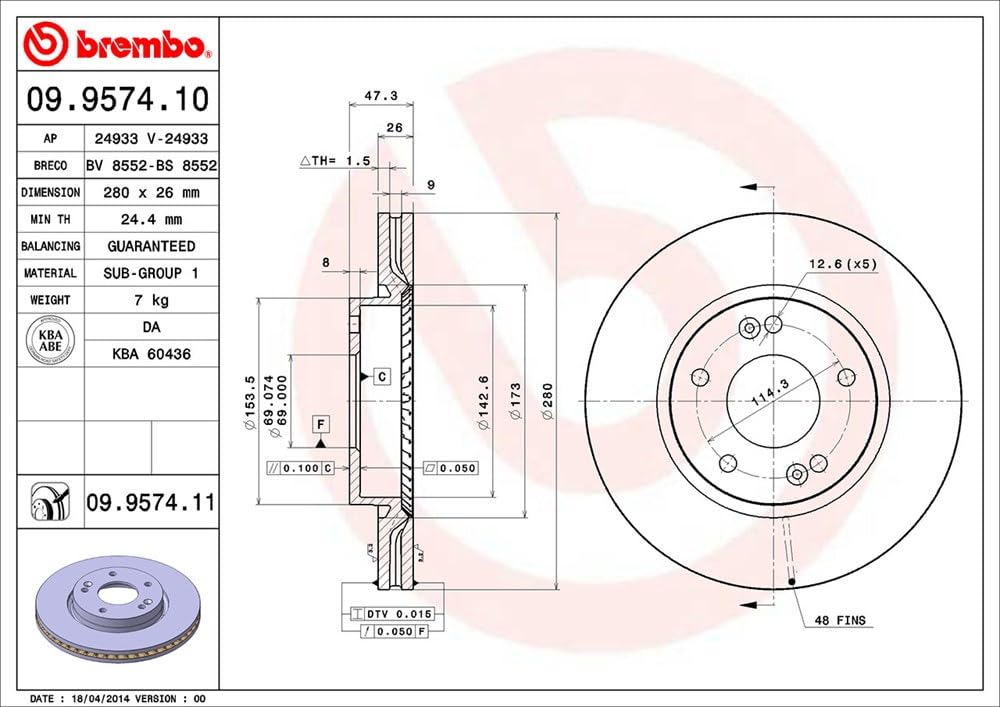 BREMBO 09957411C02 Brembo 09.9574.11 UV Coated vented Front Brake Rotor CHANGAN/HYUNDAI/HYUNDAI (BEIJING)/JAC/KIA/KIA (DYK) OE# 517122C000