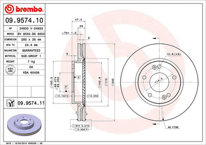 BREMBO 09957411C02 Brembo 09.9574.11 UV Coated vented Front Brake Rotor CHANGAN/HYUNDAI/HYUNDAI (BEIJING)/JAC/KIA/KIA (DYK) OE# 517122C000