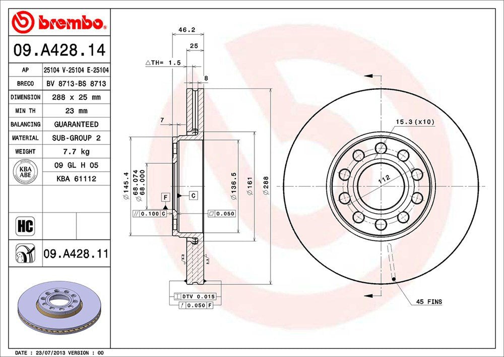 BREMBO 09A42811C02 Brembo 09.A428.11 UV Coated vented Front Brake Rotor SKODA/VW OE# 4B0615301B