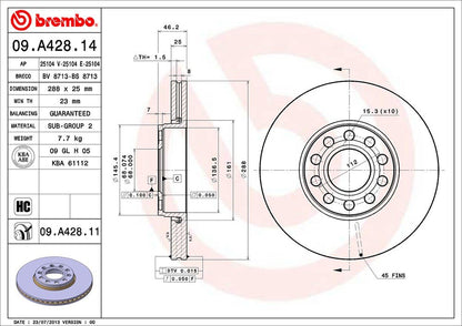 BREMBO 09A42811C02 Brembo 09.A428.11 UV Coated vented Front Brake Rotor SKODA/VW OE# 4B0615301B