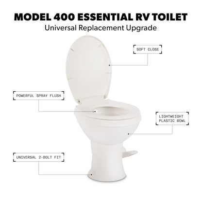 DOMETIC 9610008275 Dometic Model 400 Essential RV Toilet – Round Lightweight Plastic Bowl, Universal Fit & 2-Bolt Mount, 18" Chair Height Residential Style, Gravity Flush Toilet with Soft-Close Seat, White (9610008275)