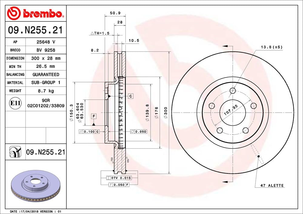 BREMBO 09N25521C02 Brembo 09.N255.21 UV Coated vented Front Brake Rotor FORD/FORD (CHANGAN) OE# 2017128
