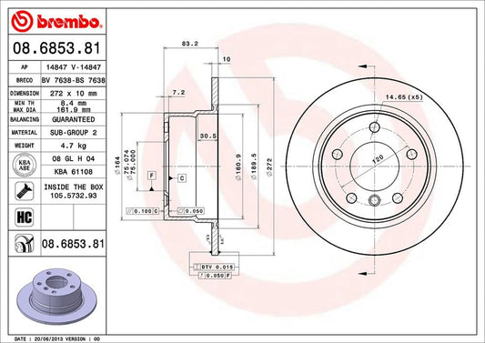 BREMBO 08685381C02 Brembo 08.6853.81 UV Coated solid Rear Brake Rotor BMW OE# 34216794298