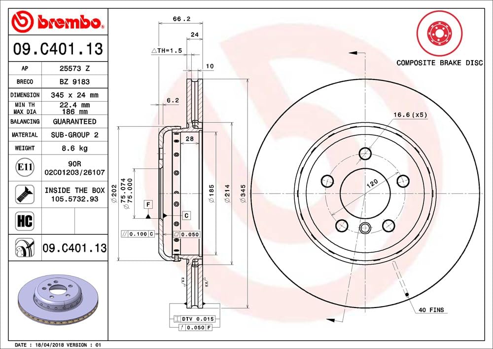 BREMBO 09C40113C02 Brembo 09.C401.13 Composite two piece UV Coated vented Rear Brake Rotor BMW/BMW (BRILLIANCE) OE# 34206797607