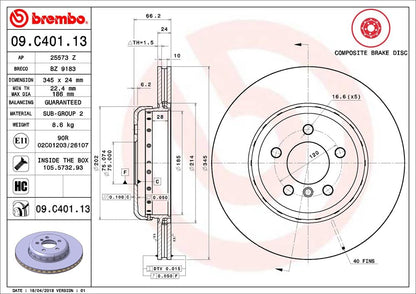 BREMBO 09C40113C02 Brembo 09.C401.13 Composite two piece UV Coated vented Rear Brake Rotor BMW/BMW (BRILLIANCE) OE# 34206797607
