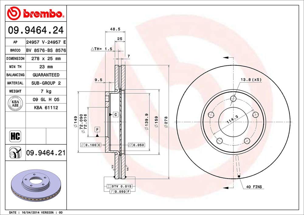 BREMBO 09946421C02 Brembo 09.9464.21 UV Coated vented Front Brake Rotor MAZDA/MAZDA (CHANGAN) OE# C24Y3325XD