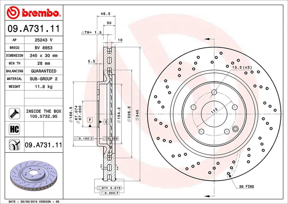 BREMBO 09A73111C02 Brembo 09.A731.11 UV Coated vented drilled Front Brake Rotor MERCEDES-BENZ OE# A2034210912