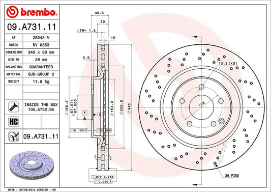 BREMBO 09A73111C02 Brembo 09.A731.11 UV Coated vented drilled Front Brake Rotor MERCEDES-BENZ OE# A2034210912