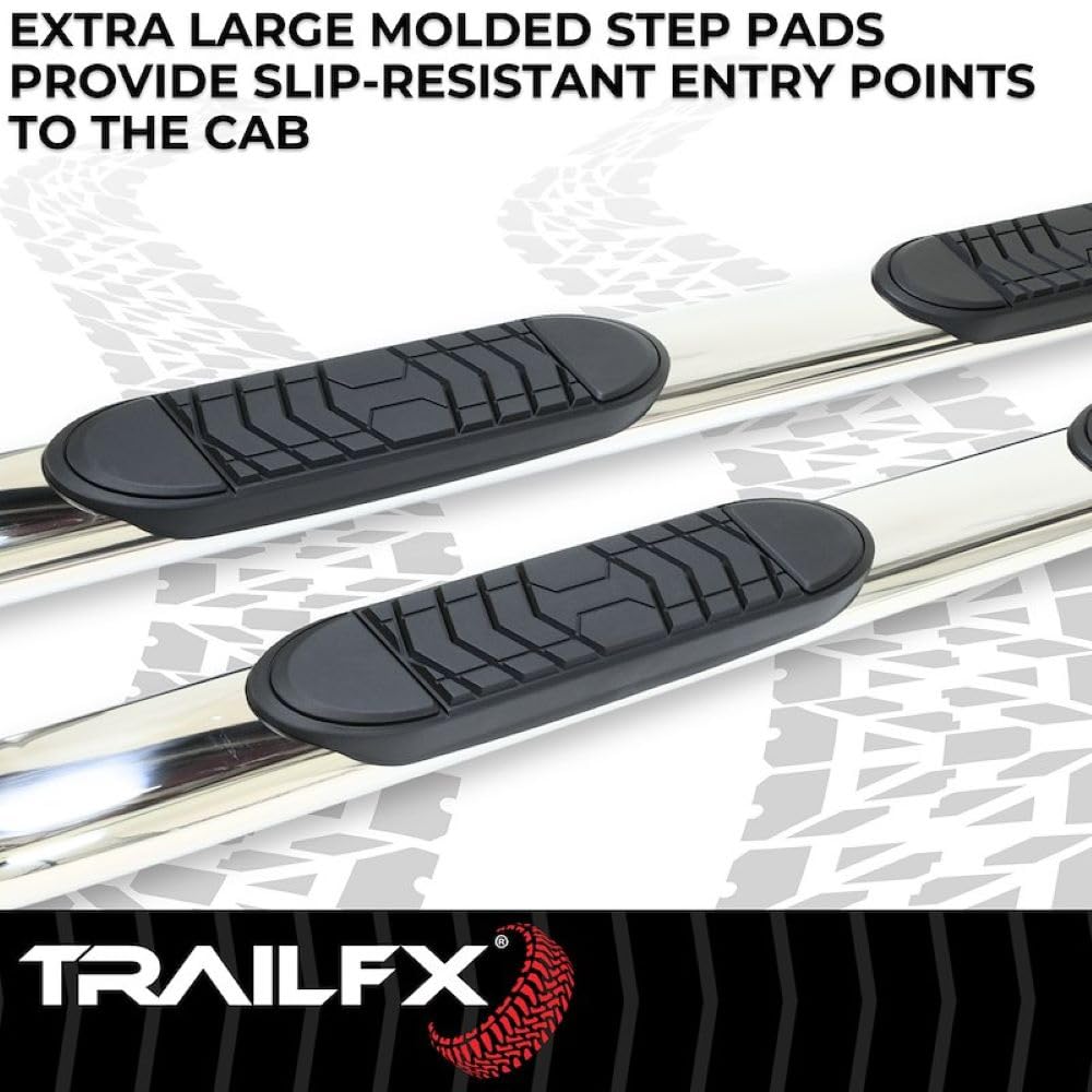 TRAILFX A7090S Trailfx Side Step Bars Fits 2023-2025 Chevy Silverado 1500 5 Inch Oval Bent Nerf Bars with Step Pads Polished T304 Stainless Steel Welded End Caps Rocker Panel Mount Set of 2 TrailFX A7090S