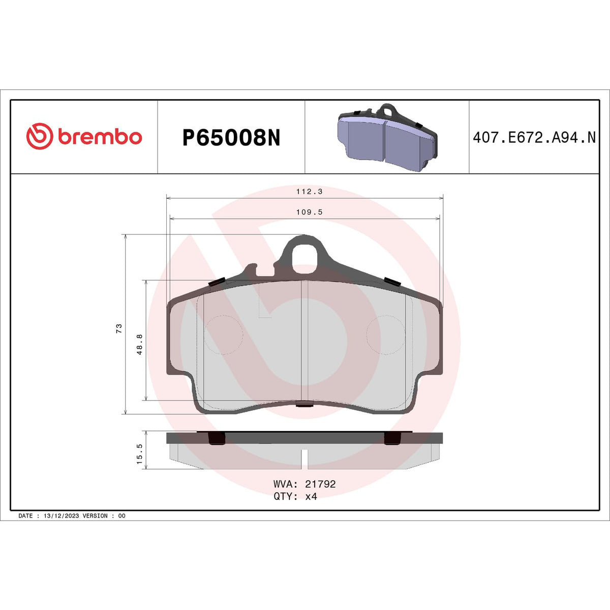 BREMBO P65008N Brembo P65008N Premium Ceramic Rear Disc Brake Pad Set PORSCHE OE# 98635293910