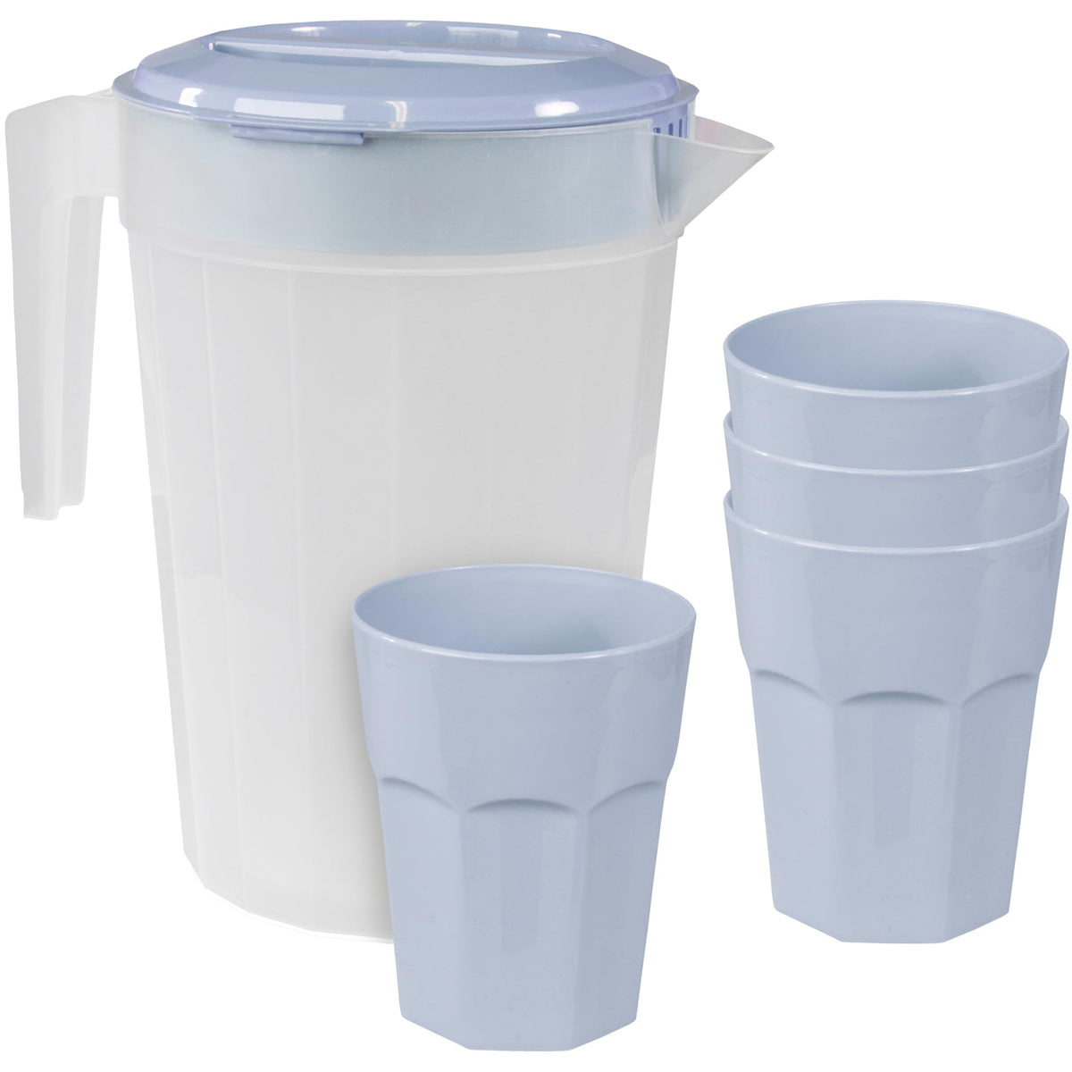 CAMP CASUAL CC-013BB Plastic Pitcher Set - 1 Pitcher with Lid & 4 Camping Cups for Travel, Parties, & Picnics - Sturdy, BPA Free, Dishwasher Safe - 84 oz Water Pitcher & 14.5 oz Cups (Boho Blue)