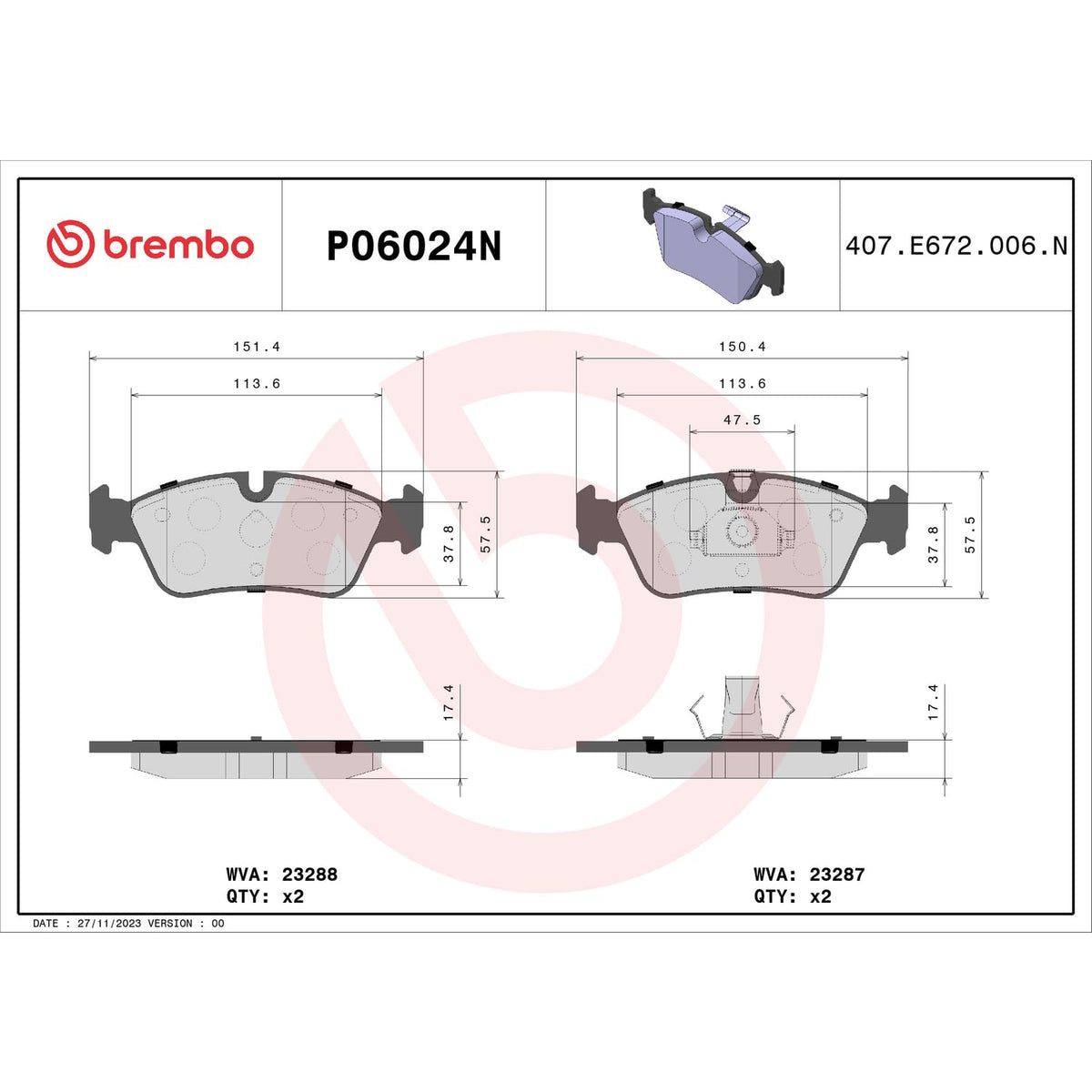 BREMBO P06024N Brembo P06024N Premium Ceramic Front Disc Brake Pad Set ALPINA/BMW/BMW (BRILLIANCE)/WIESMANN OE# 34116761244