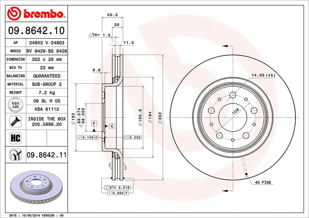 BREMBO 09864211C02 Brembo 09.8642.11 UV Coated vented Front Brake Rotor VOLVO OE# 31262095