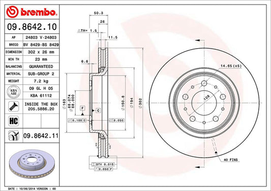 BREMBO 09864211C02 Brembo 09.8642.11 UV Coated vented Front Brake Rotor VOLVO OE# 31262095