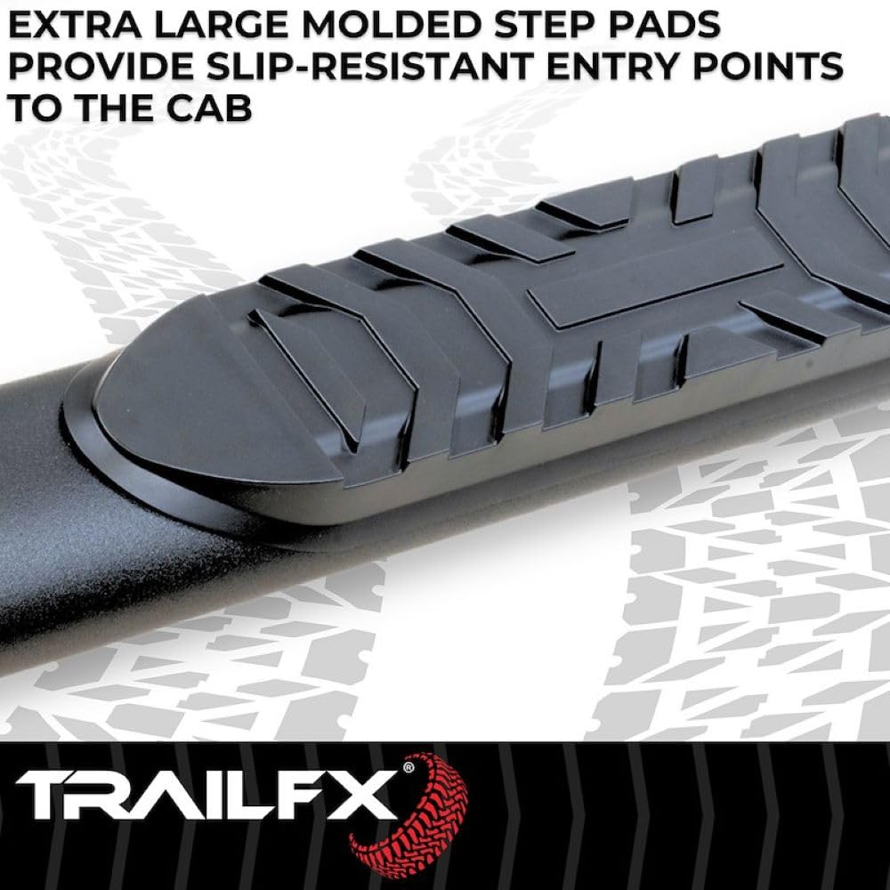 TRAILFX A1002B TrailFX Side Steps with Step Pads 4 Inch Oval Bent Nerf Bar Titanium Black Powder-Coated Steel, Welded End Caps, Rocker Panel Mount, Slip-Resistant, Set of 2 TrailFX A1002B