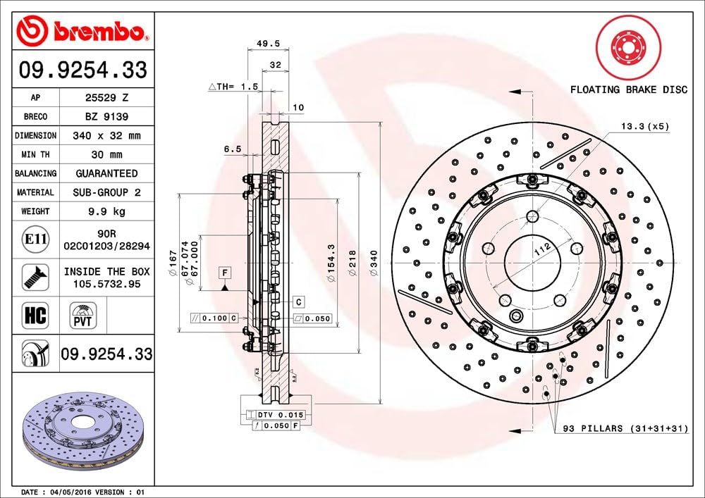 BREMBO 09925433C02 Brembo 09.9254.33 Floating two piece UV Coated Pillar Vented drilled + Slotted Front Brake Rotor MERCEDES-BENZ OE# A1714210112