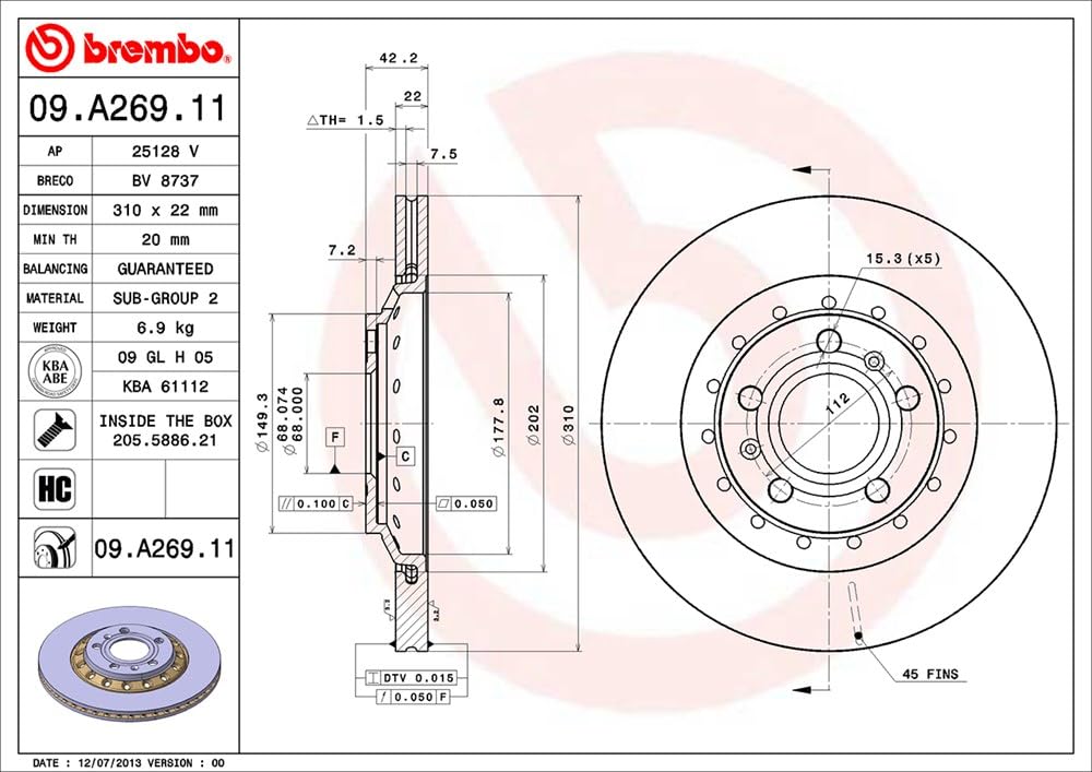 BREMBO 09A26911C02 Brembo 09.A269.11 UV Coated vented Rear Brake Rotor AUDI/VW OE# 4E0615601K