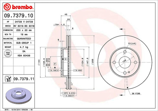 BREMBO 09737911C02 Brembo 09.7379.11 UV Coated vented Front Brake Rotor MAZDA OE# N0263325XC