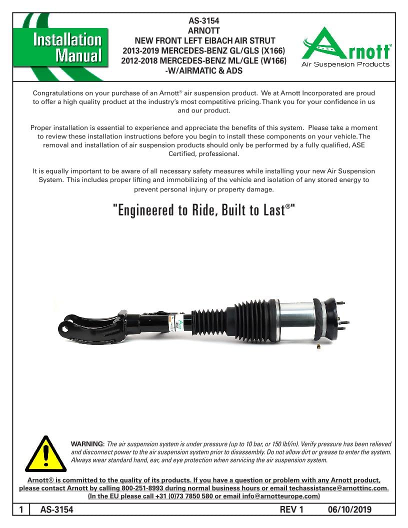 ARNOTT AS-3154 Arnott AS-3154 New Front Lt Eibach Air Strut - 13-19 MB GL/GLS (X166)/12-18 ML/GLE (W166)-w/Airmatic