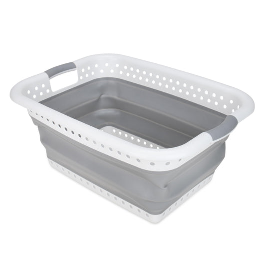 CAMCO 51903 Camco Collapsible Laundry Basket, Large, White/Gray - Pop Open Waterproof Plastic Bin with Handles for Home, Dorm, RV Storage