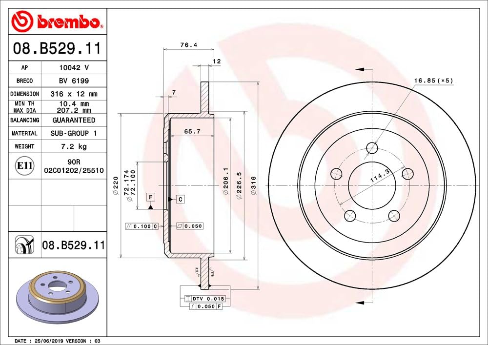 BREMBO 08B52911C02 Brembo 08.B529.11 UV Coated solid Rear Brake Rotor DODGE/JEEP OE# 52129250AA
