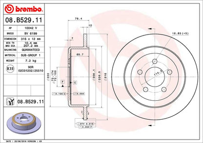 BREMBO 08B52911C02 Brembo 08.B529.11 UV Coated solid Rear Brake Rotor DODGE/JEEP OE# 52129250AA