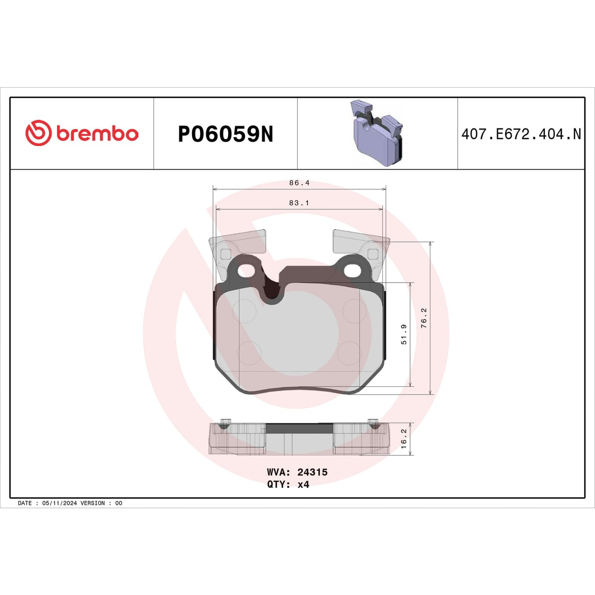 BREMBO P06059N Brembo P06059N Premium Ceramic Rear Disc Brake Pad Set BMW OE# 34216791421
