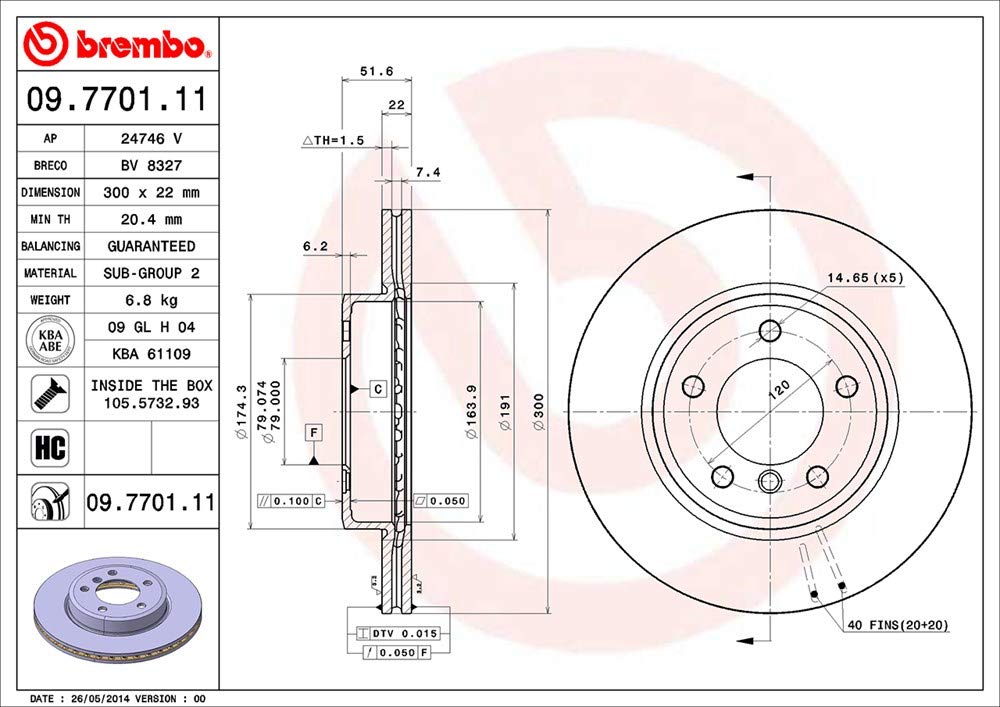 BREMBO 09770111C02 Brembo 09.7701.11 UV Coated vented Front Brake Rotor BMW/BMW (BRILLIANCE) OE# 34116855152