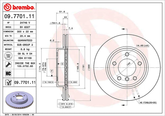 BREMBO 09770111C02 Brembo 09.7701.11 UV Coated vented Front Brake Rotor BMW/BMW (BRILLIANCE) OE# 34116855152