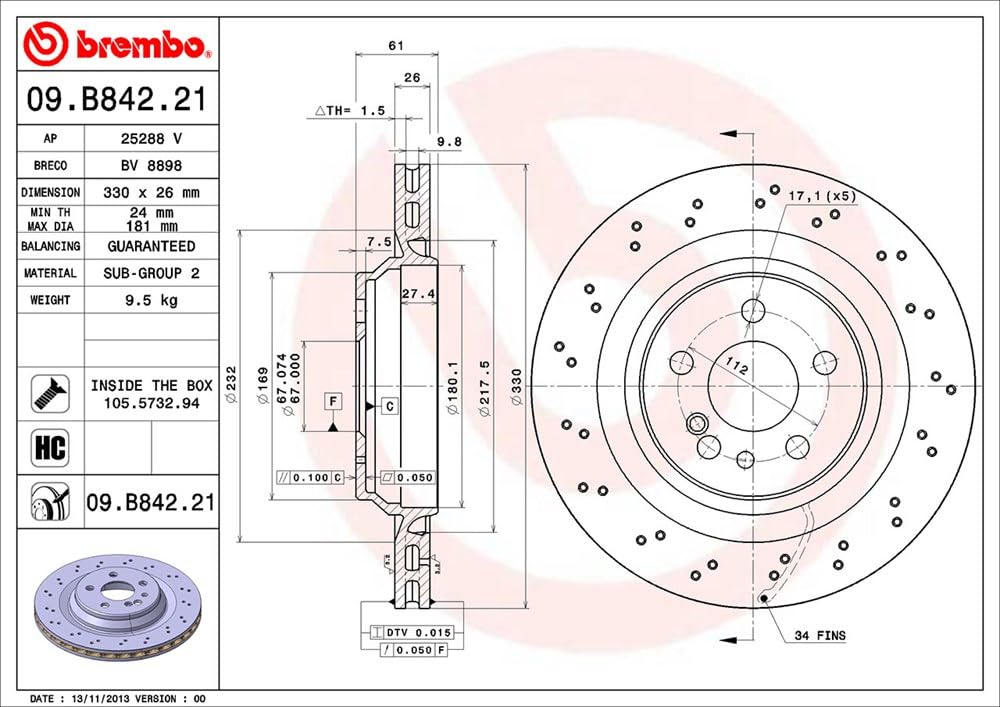 BREMBO 09B84221C02 Brembo 09.B842.21 UV Coated vented drilled Rear Brake Rotor MERCEDES-BENZ OE# A2204230912